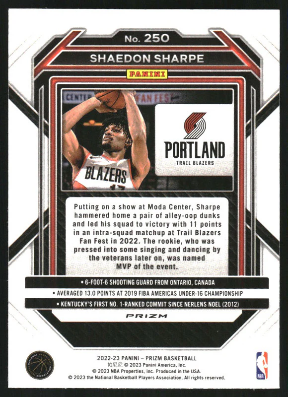 2022-23 Panini Prizm Prizms Choice Blue Yellow and Green #250 Shaedon Sharpe RC - Image 2