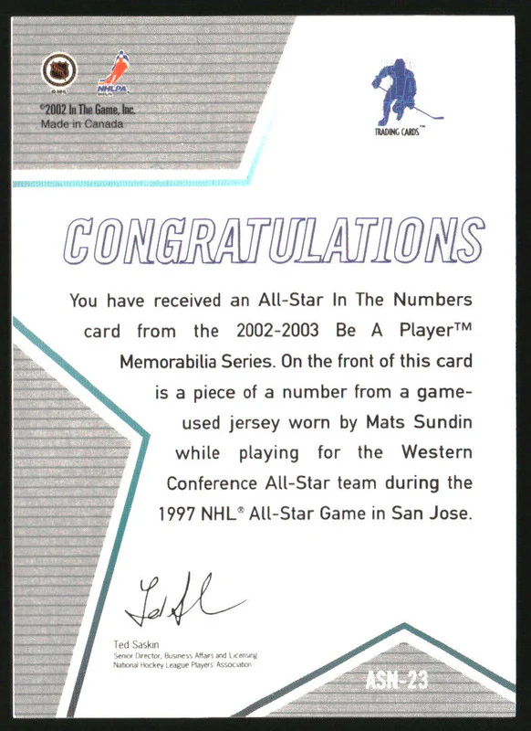 2002 ITG All Star In the Numbers Jersey National Cleveland Mats Sundin 1/1 - Image 2