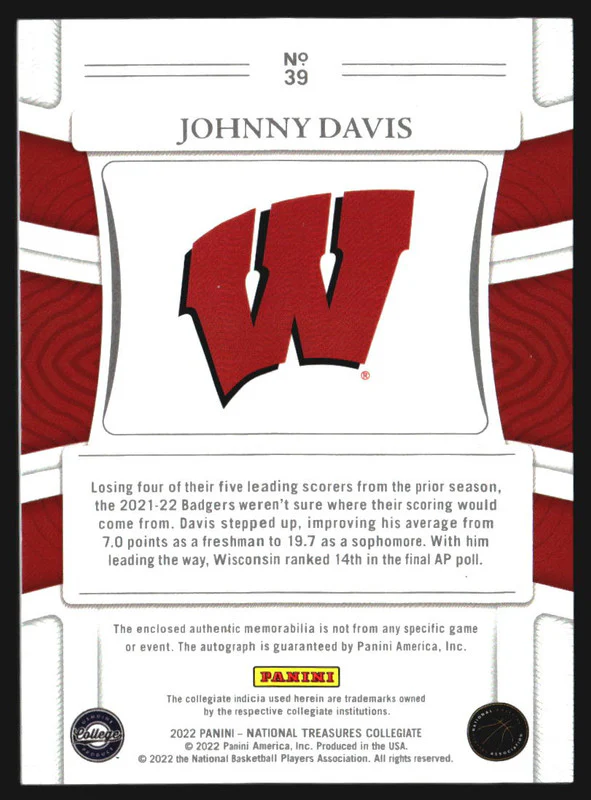 2022-23 Panini National Treasures Collegiate Century Gold Johnny Davis RC Auto /10 - Image 2