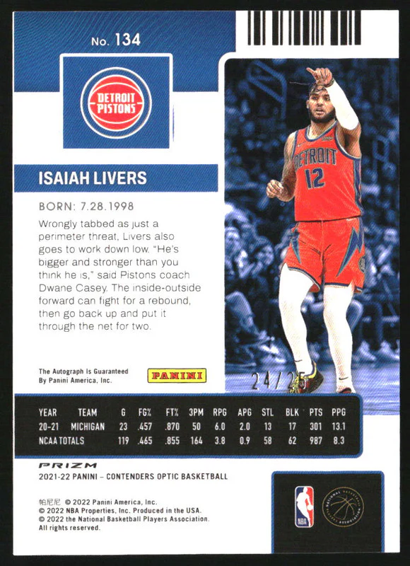 2021-22 Panini Contenders Optic Orange #134 Isaiah Livers RC Auto /25 - Image 2