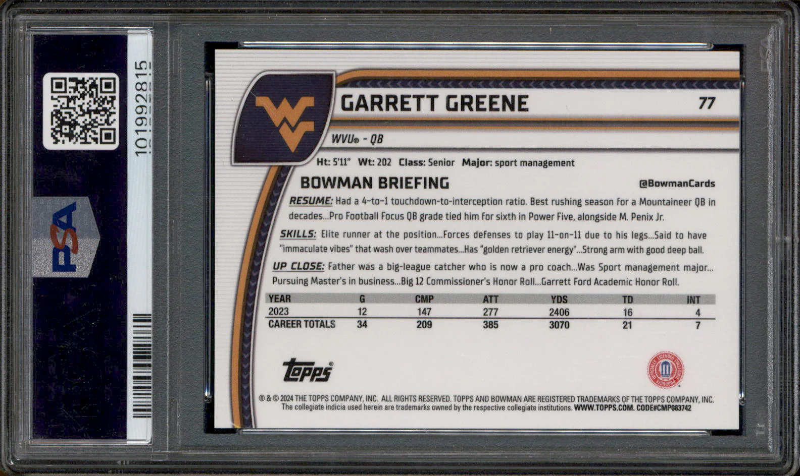 2024 Bowman Chrome University Black Refractor #77 Garrett Greene RC /10 PSA 9 - Image 2