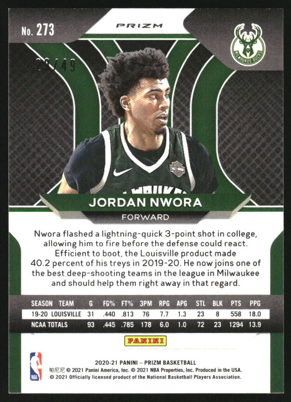 2020-21 Panini Prizm Prizms Orange #273 Jordan Nwora RC /49 - Image 2