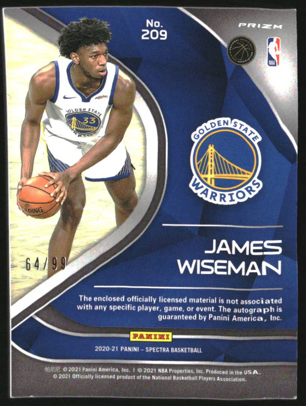 2020-21 Panini Spectra #209 James Wiseman RC Jersey Auto /99 - Image 2
