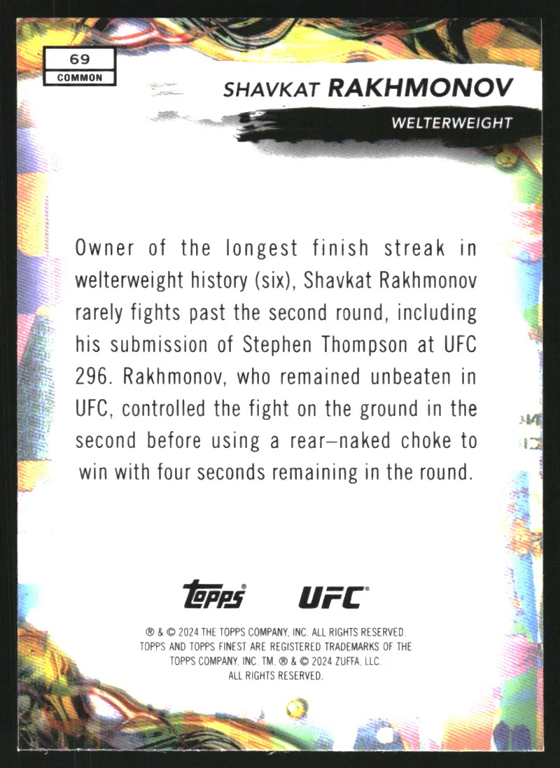 2024 Finest UFC Gold Refractors #69 Shavkat Rakhmonov /50 - Image 2