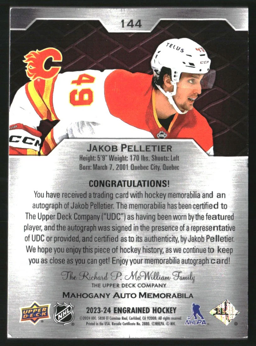 2023 Upper Deck Engrained Premium Memorabilia Auto Mahogany Jakob Pelletier /25 - Image 2