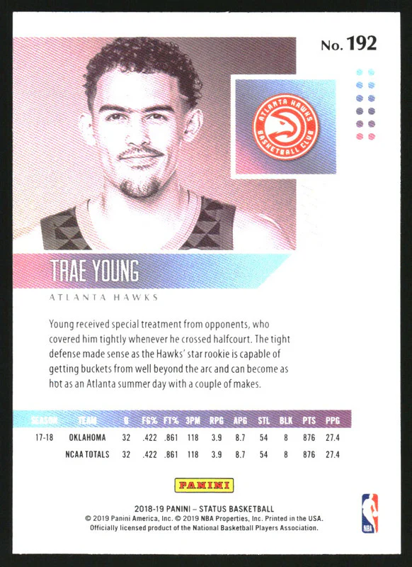 2018-19 Panini Status Blue #192 Trae Young RC Rookie - Image 2