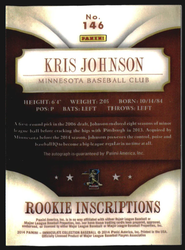 2014 Immaculate Collection Gold #146 Kris Johnson RC Auto /5 - Image 2