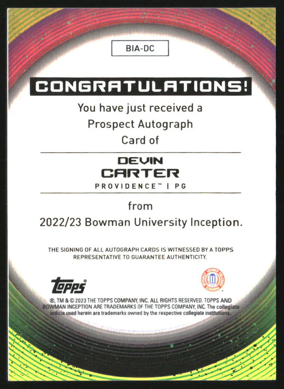 2022-23 Bowman Inception University Autographs #BIADC Devin Carter Auto - Image 2