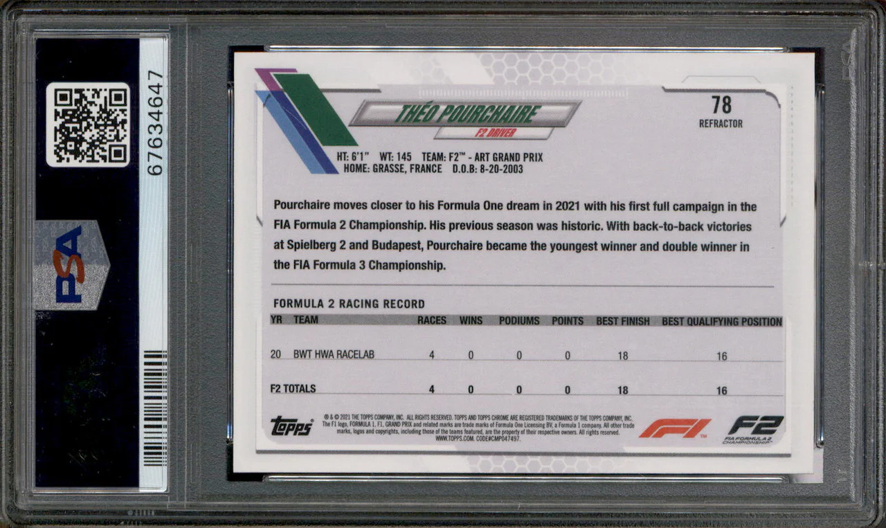2021 Topps Chrome F1 Refractor #78 Theo Pourchaire PSA 10 - Image 2