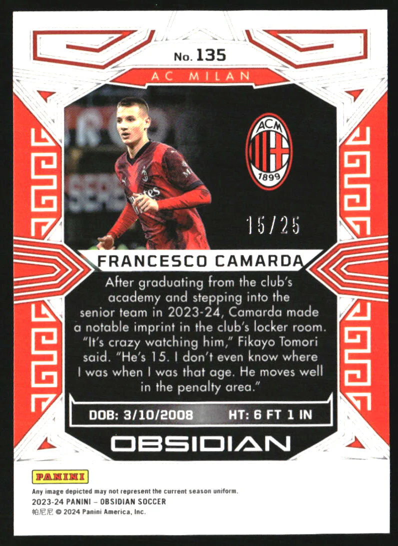 2023-24 Panini Obsidian Electric Etch Purple Flood #135 Francesco Camarda RC /25 - Image 2