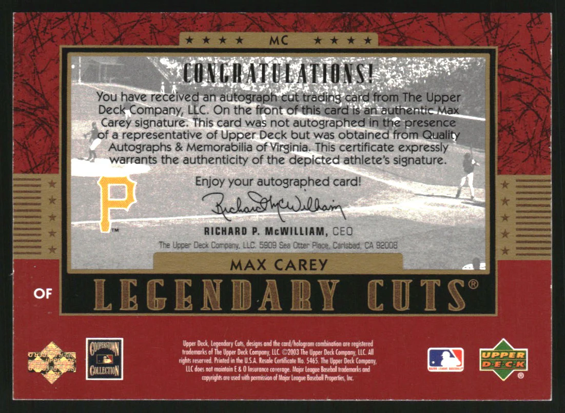 2003 SP Legendary Cuts Autographs #MC Max Carey Auto /18 - Image 2