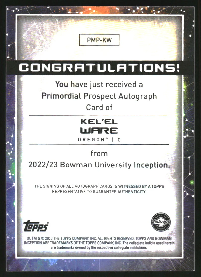 2022-23 Bowman Inception University Primordial Auto Orange Foil Kel'el Ware /25 - Image 2