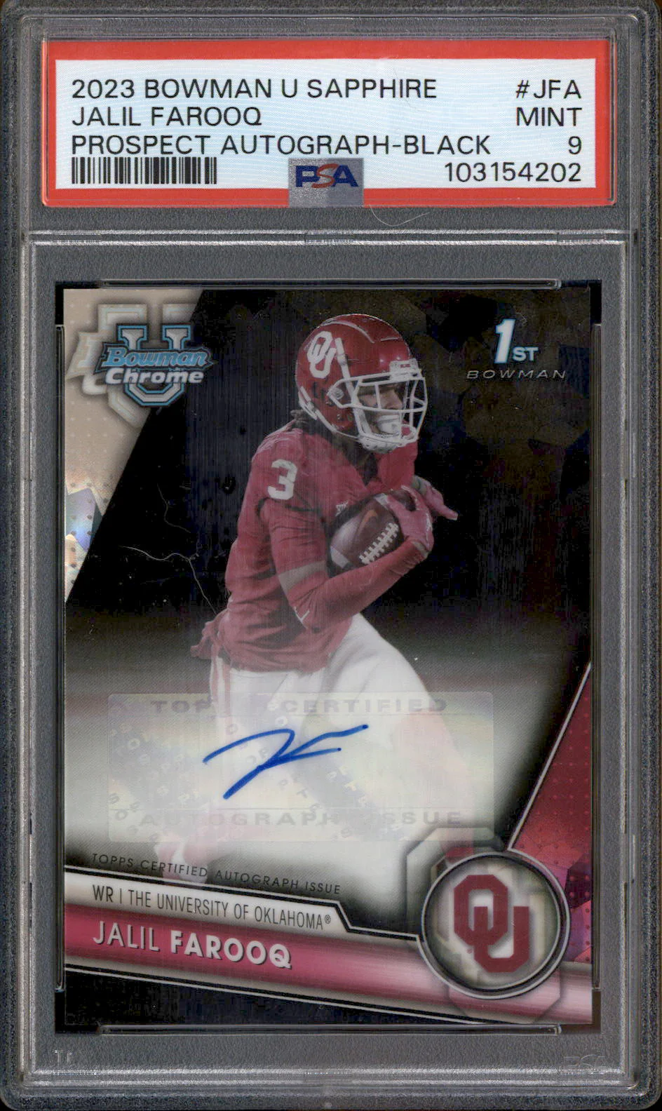 2023 Bowman Chrome University Sapphire Black Jalil Farooq RC Auto /10 PSA 9