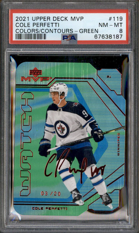 2021 Upper Deck MVP Colors Contours Green #119 Cole Perfetti /20 PSA 8