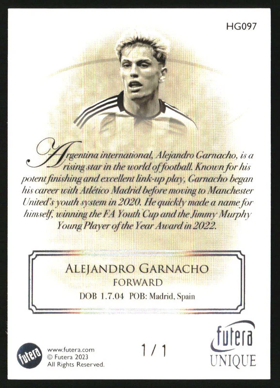 2023 Futera Unique Heritage #HG097 Alejandro Garnacho 1/1 - Image 2