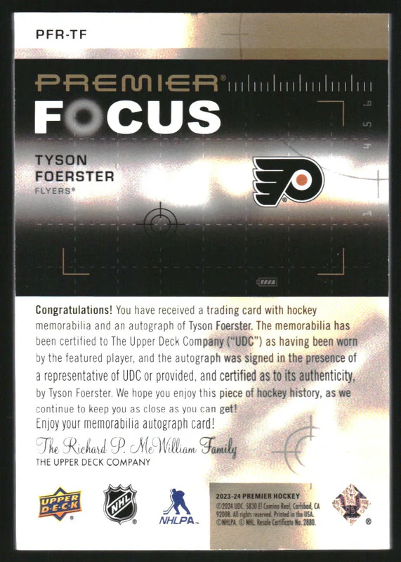 2023 UD Premier Premier Focus Rookie Patch Auto Gold Tyson Foerster RC /49 - Image 2