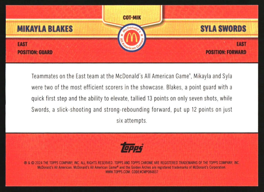2024 Topps Chrome McDonalds Combo Talents Gold Mikayla Blakes Syla Swords /50 - Image 2