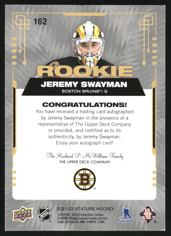 2021 UD Stature Photo Variant Autographs Green #162 Jeremy Swayman RC Auto /10 - Image 2