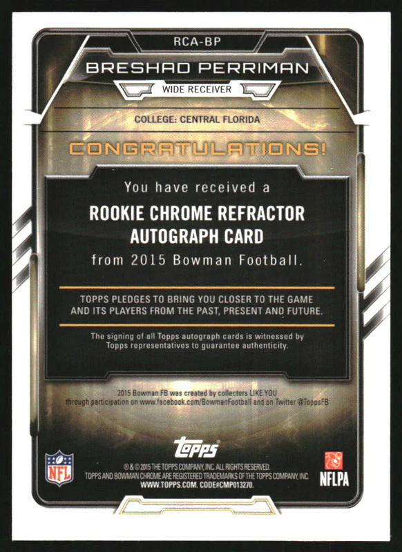 2015 Bowman Chrome Rookie Autographs Refractors Prism Breshad Perriman RC /5 - Image 2