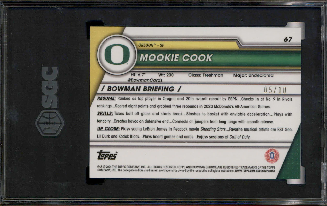2023 Bowman Chrome University Red Shimmer Refractor Mookie Cook RC /10 SGC 10 - Image 2