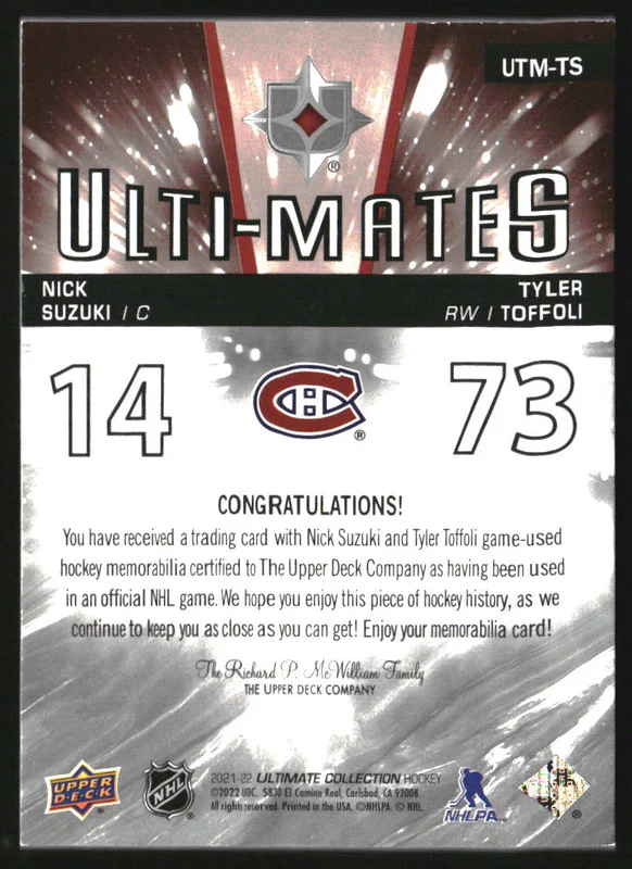 2021-22 Ultimate Collection Ulti-Mates Nick Suzuki Tyler Toffoli - Image 2