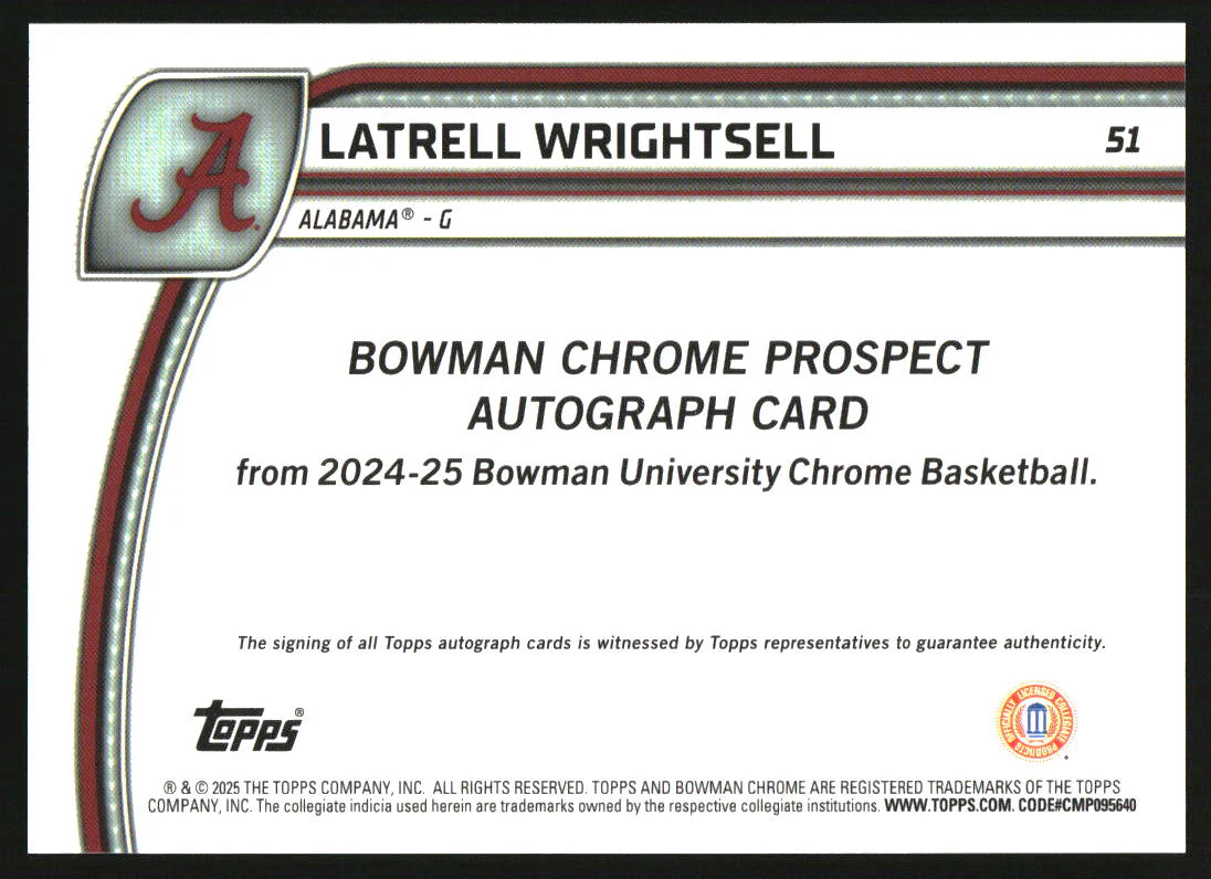 2024 Bowman Chrome University Auto Reptilian Green #51 Latrell Wrightsell RC /75 - Image 2