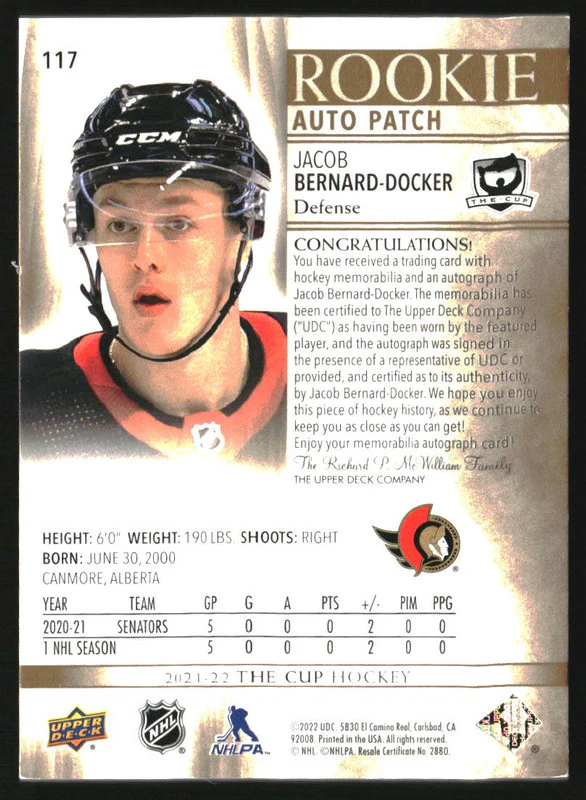 2021-22 The Cup Gold #117 Jacob Bernard-Docker RC Patch Auto /24 - Image 2