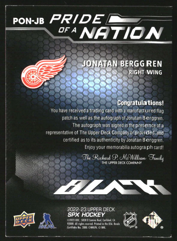 2022-23 SPx UD Black Pride of a Nation #PON-JB Jonatan Berggren RC Auto /99 - Image 2