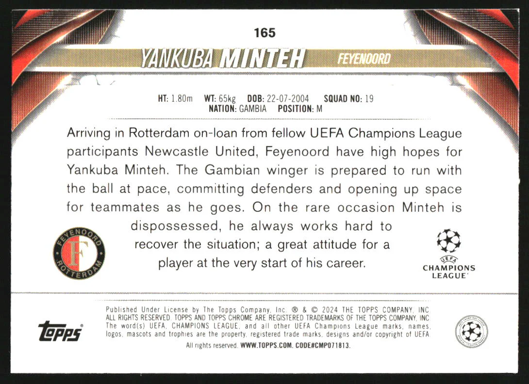 2023 Topps Chrome UEFA Club Competitions Gold Lava #165 Yankuba Minteh RC - Image 2