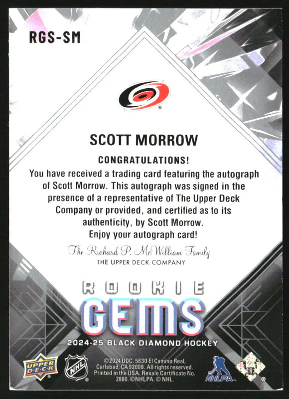 2024 Upper Deck Black Diamond Rookie Gems Signatures Scott Morrow RC Auto /199 - Image 2