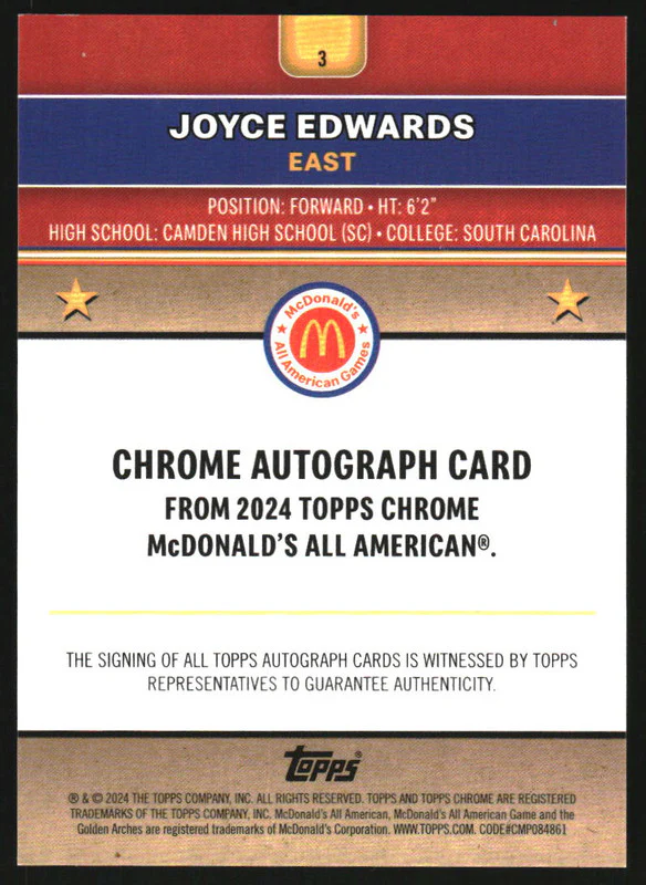 2024 Topps Chrome McDonald's All-American Gold  #3 Joyce Edwards Auto /50 - Image 2