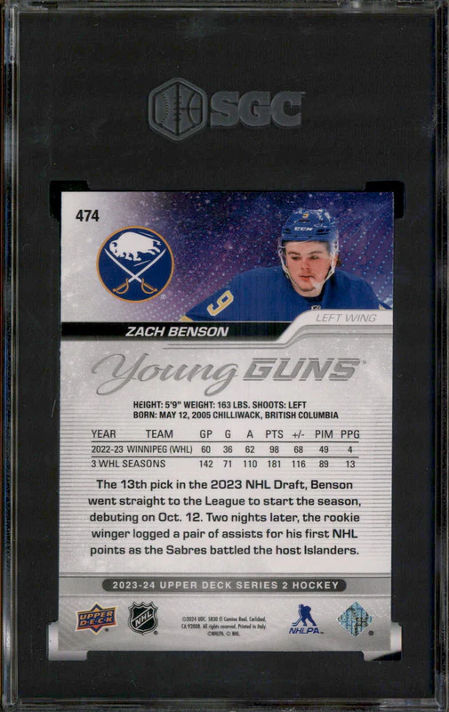 2023 Upper Deck #474 Zach Benson Young Guns RC Rookie SGC 10 - Image 2
