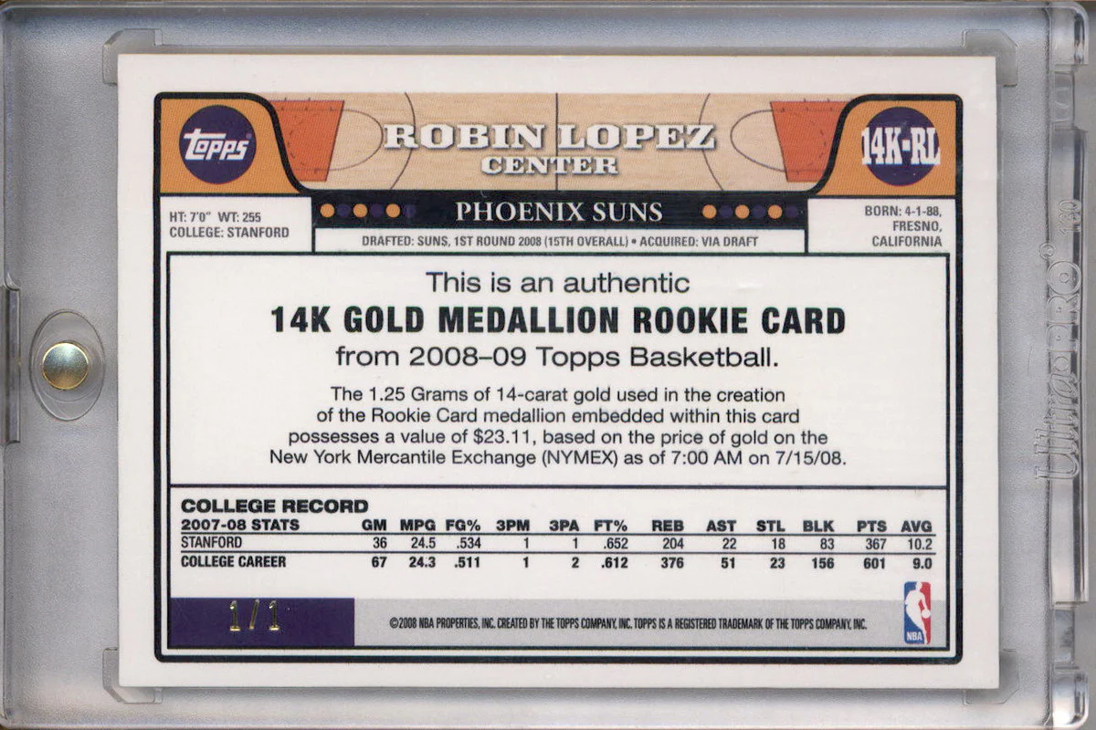 2008-09 Topps Rookie Medallions Gold #14K-RL Robin Lopez RC 1/1 - Image 2