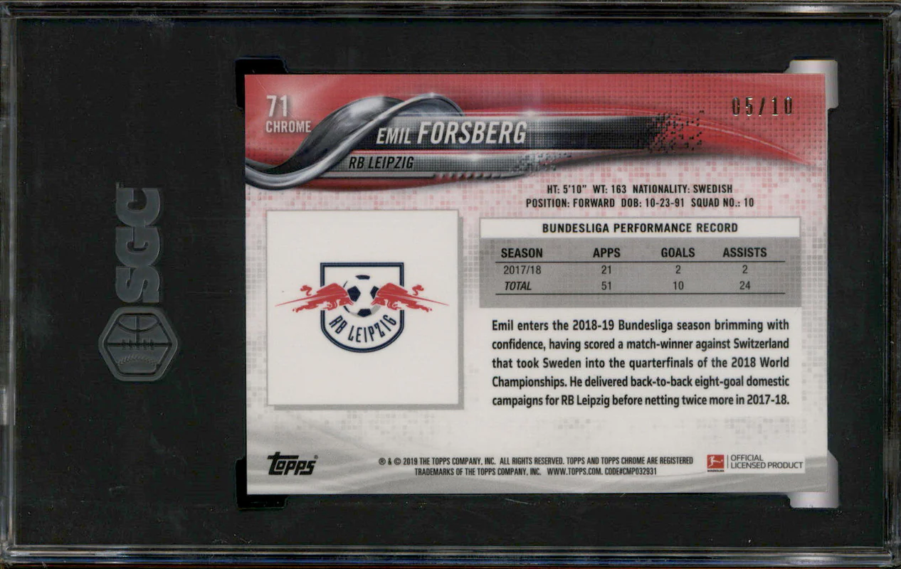 2018-19 Topps Chrome Bundesliga Red Refractor #71 Emil Forsberg /10 SGC 9.5 - Image 2