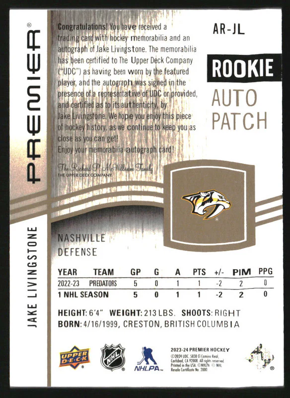 2023 Upper Deck Premier Acetate Rookie Patch Gold Jake Livingstone RC Auto /65 - Image 2