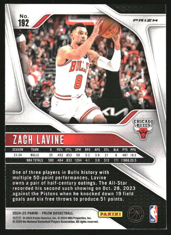 2024-25 Panini Prizm White Sparkle Prizm #192 Zach LaVine - Image 2