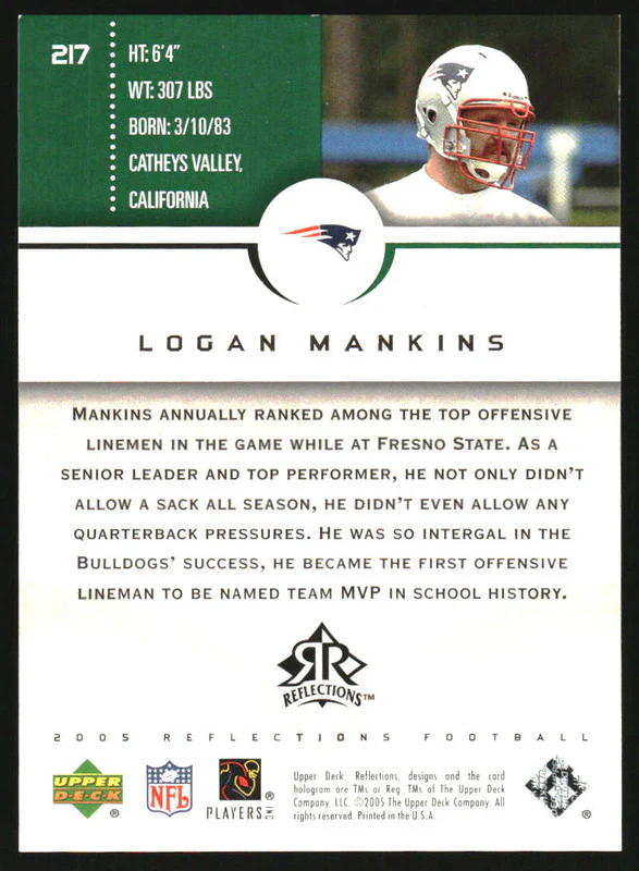 2005 Upper Deck Reflections Green #217 Logan Mankins RC /75 - Image 2