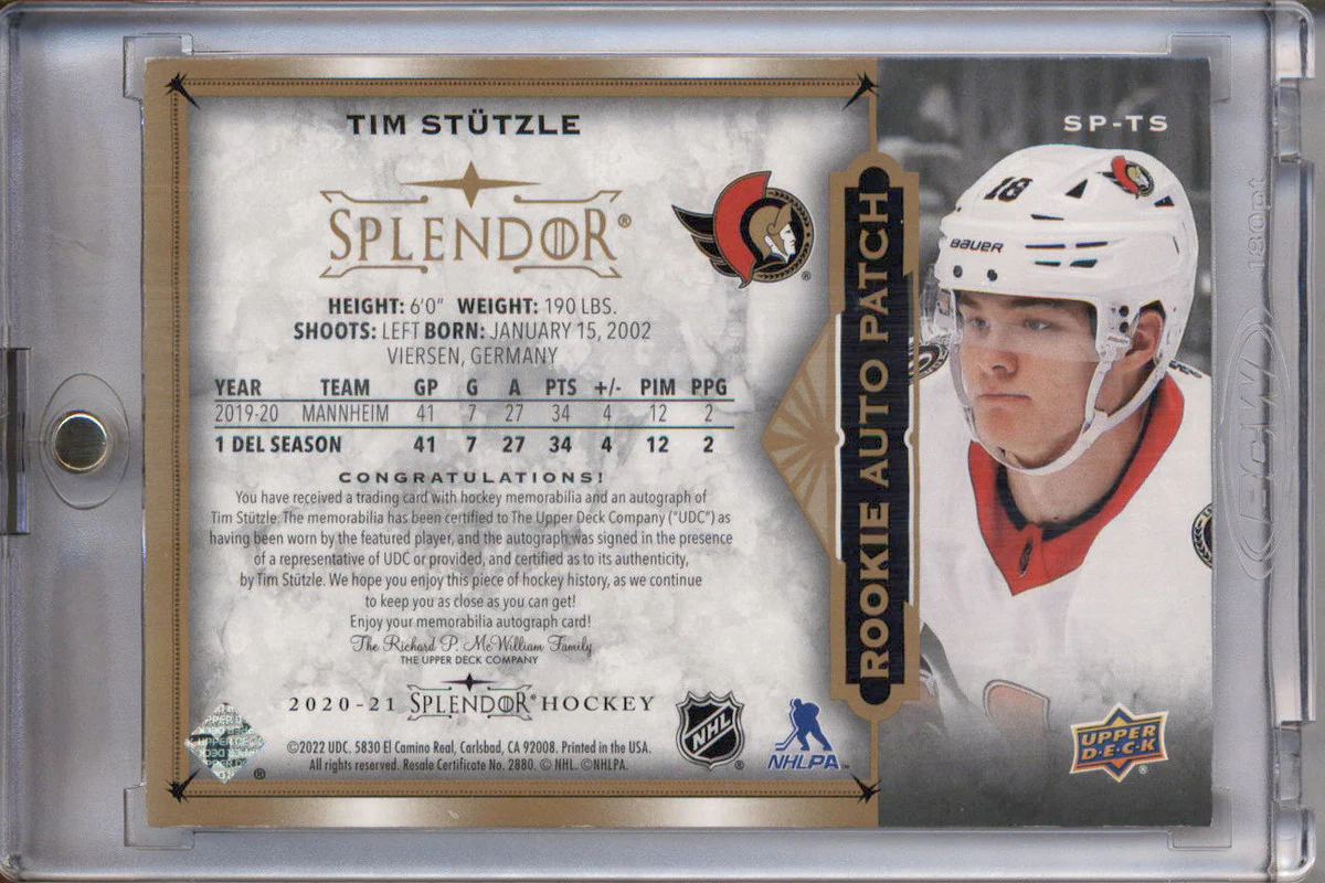 2020-21 Upper Deck Splendor #SPTS Tim Stutzle RC Patch Auto /36 - Image 2