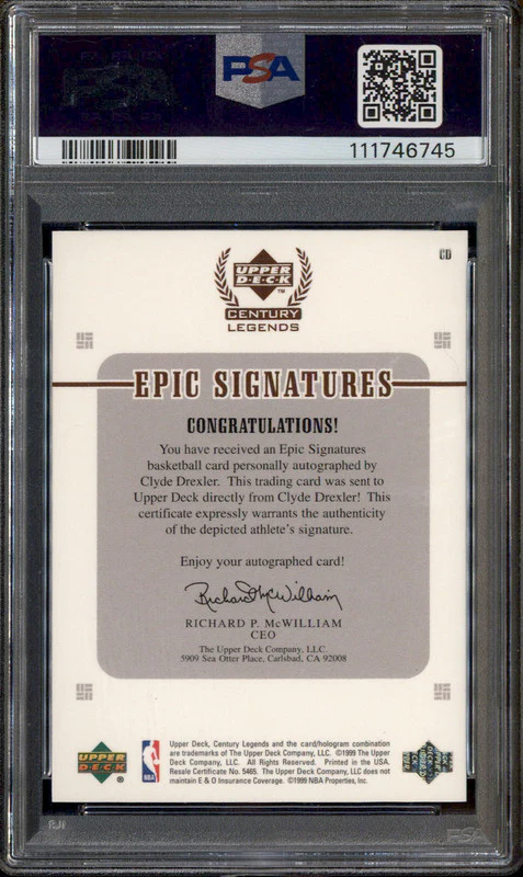 1999 Upper Deck Century Legends Epic Signatures #CD Clyde Drexler Auto PSA 9 - Image 2