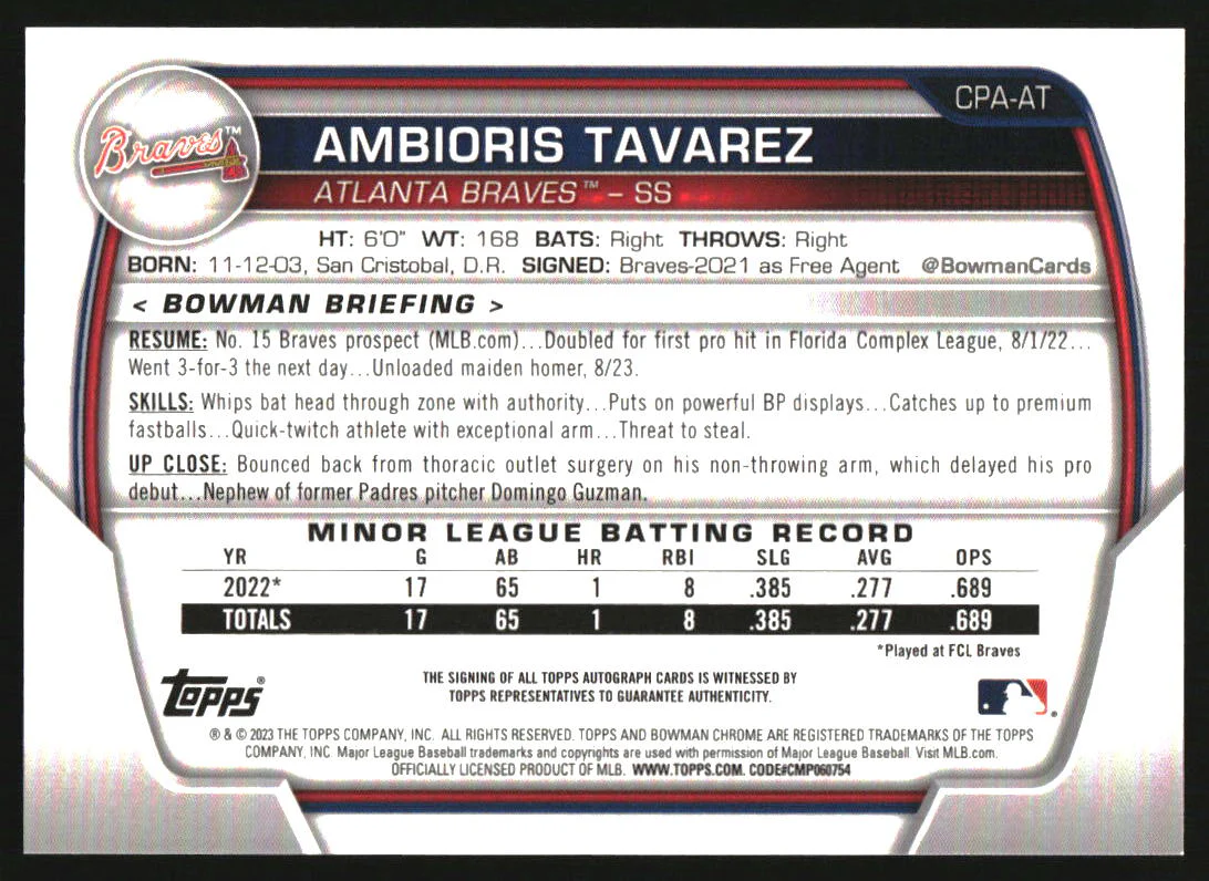 2023 Bowman Chrome Autographs Purple Ambioris Tavarez RC Auto /250 - Image 2
