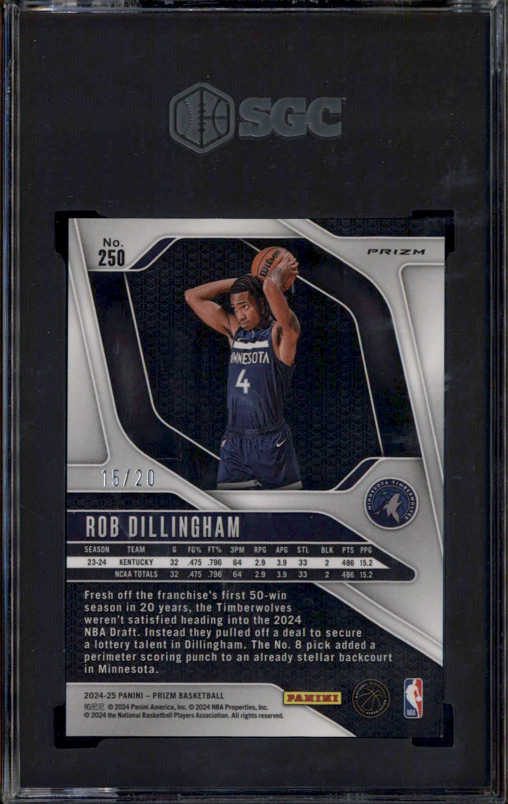 2024 Panini Prizm Bronze Fast Break Prizm #250 Rob Dillingham RC /20 SGC 9 - Image 2