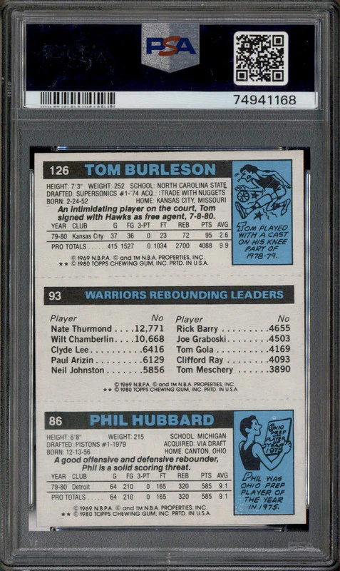 1980 Topps Phil Hubbard Robert Parish Tom Burleson PSA 8 - Image 2