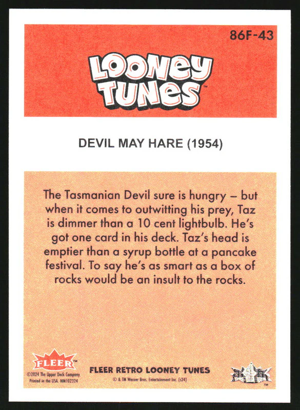 2024 Fleer Retro Looney Tunes '86-87 Fleer Retro #86F43 Tasmanian Devil - Image 2
