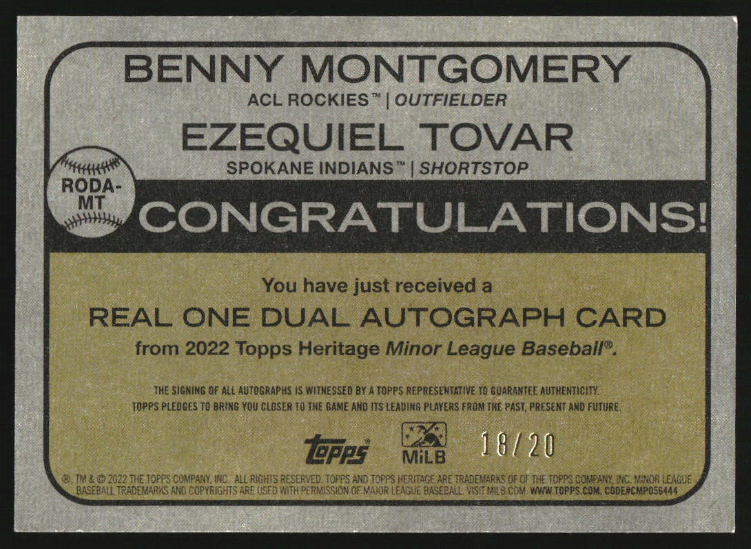 2022 Topps Heritage Minors Dual Auto Ezequiel Tovar Benny Montgomery /20 - Image 2