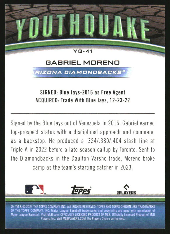 2024 Topps Chrome Youthquake Black Refractors #YQ41 Gabriel Moreno /10 - Image 2