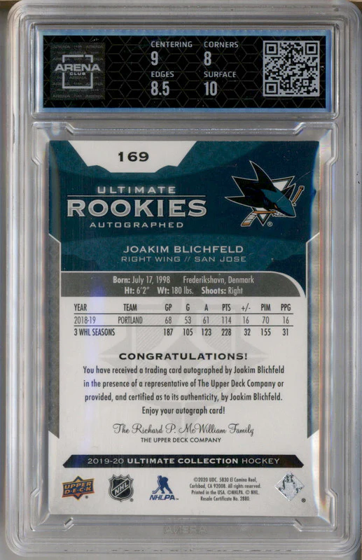 2019 Ultimate Collection Rookie Auto Joachim Blichfeld RC /299 Arena Club 8.5 - Image 2