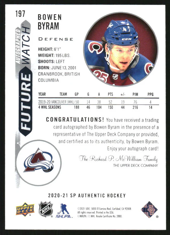 2020-21 SP Authentic #197 Bowen Byram Rookie Autograph RC Auto /999 - Image 2