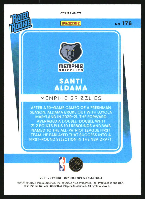 2021-22 Panini Donruss Optic Photon Prizm #176 Santi Aldama RC - Image 2
