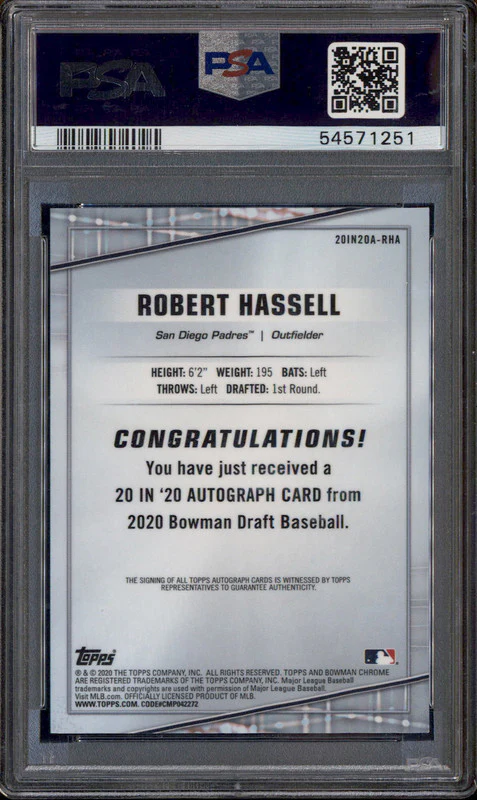 2020 Bowman Draft 20 In '20 Red Refractor #RHA Robert Hassell Auto /5 PSA 9 - Image 2