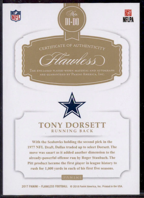 2017 Panini Flawless Distinguished Patch #DI-DO Tony Dorsett Auto /15 - Image 2